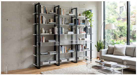 Acrylic bookshelf unit in a modern interior design setting, elegant PMMA shelving with clean lines and premium finish