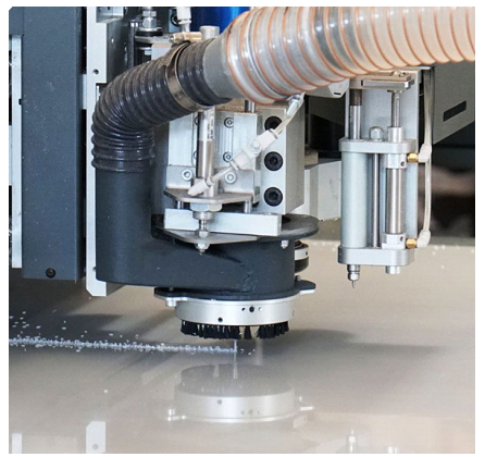CNC machining and fabrication of acrylic PMMA sheets, precision industrial manufacturing process, professional workshop environment